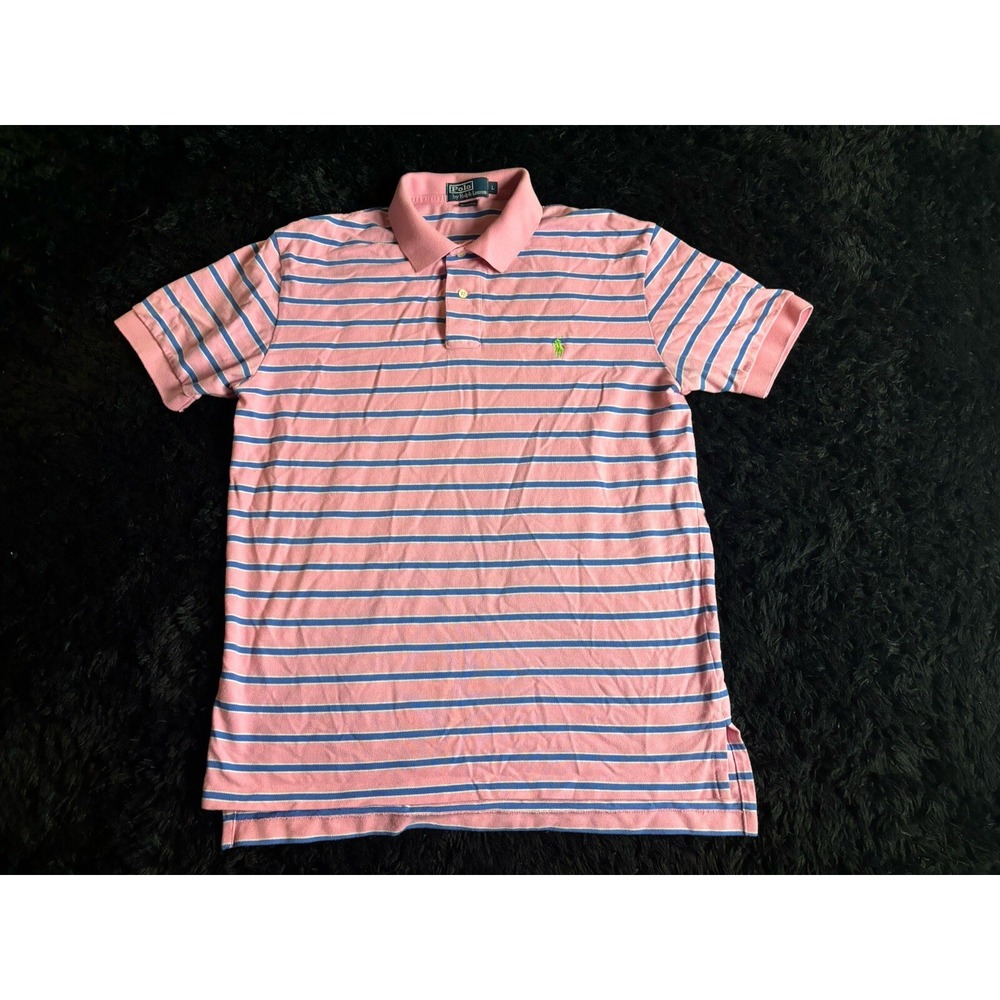 Ralph Lauren Polo Shirt Men L Pink White Striped Green Pony Golf Short Sleeve
